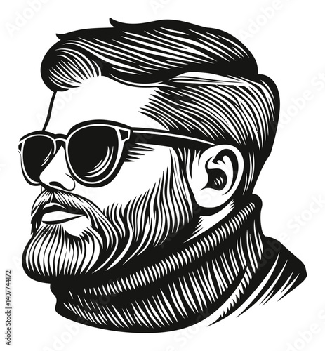 Stylish Man with Beard and Sunglasses in Vintage Woodcut Style