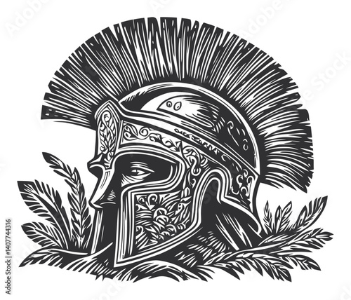 Detailed Woodcut Illustration of a Helmeted Warrior Profile