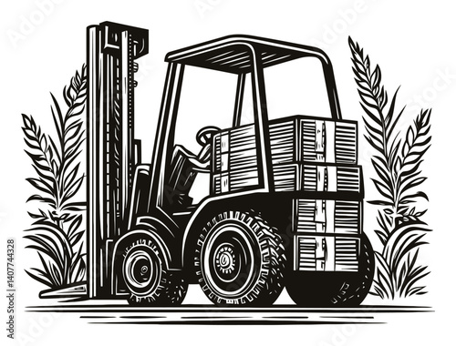 Detailed Woodcut Forklift Illustration with Pallets and Foliage