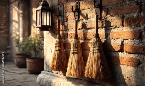 Three brooms and lantern hanging against a rustic brick wall