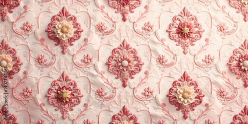 Elegant Pink Floral Damask Design with Intricate Ornate Detailing and a Soft Textured Background Perfect for Decorative Applications
