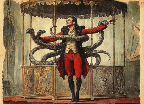 Vintage Circus Illustration of Snake Performer Taming Snakes in Ornate Cage