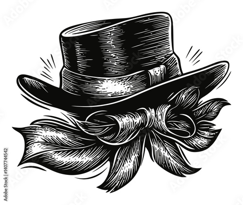 Vintage Woodcut Illustration of a Stylish Hat with Ribbon