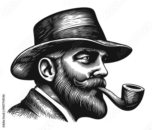 Detailed Vintage Portrait of a Man with Pipe and Hat in Woodcut Style