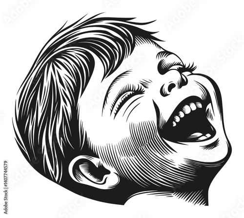Joyful Laughing Child Woodcut Style Illustration in Black and White