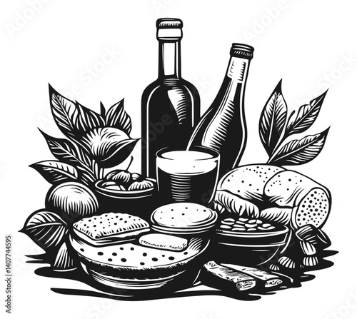 Woodcut Illustration of Various Foods and Beverages with Leaves