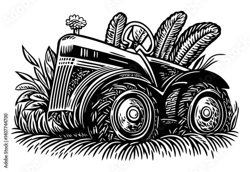Vintage Woodcut Style Tractor Surrounded by Plants and Flowers