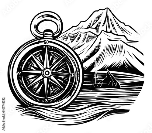 Vintage Woodcut Compass with Mountain and Sailboat Scenic Illustration