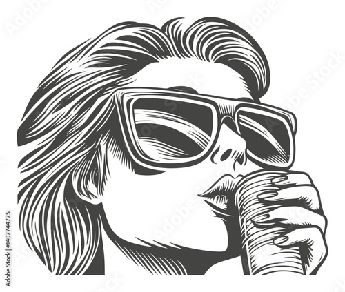 Vintage Woodcut Style Illustration of Woman with Sunglasses
