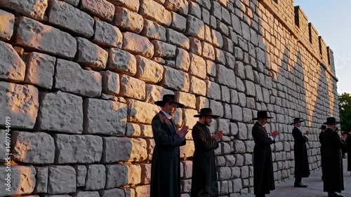 Monks in meditative sunset walk along ancient stone wall photo