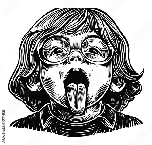 Playful Child with Tongue Out in Woodcut Style Artwork