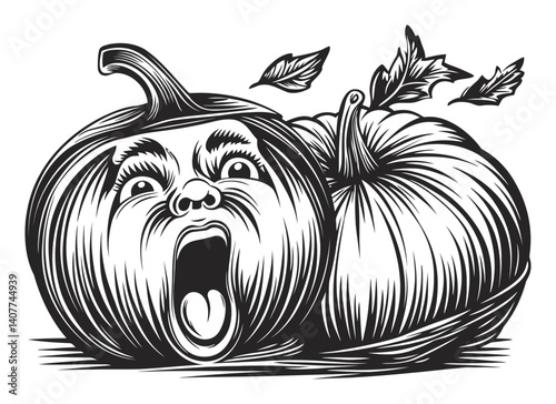 Whimsical Woodcut Style Pumpkin with Surprised Facial Expression