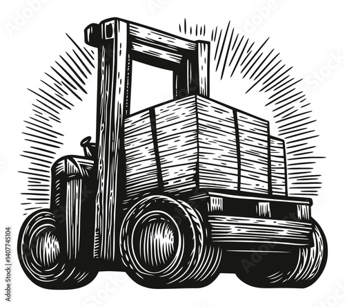Vintage Woodcut Style Forklift With Wooden Boxes Illustration