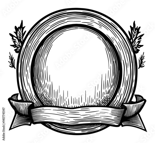 Vintage Woodcut Frame with Ribbon and Decorative Leaves Design