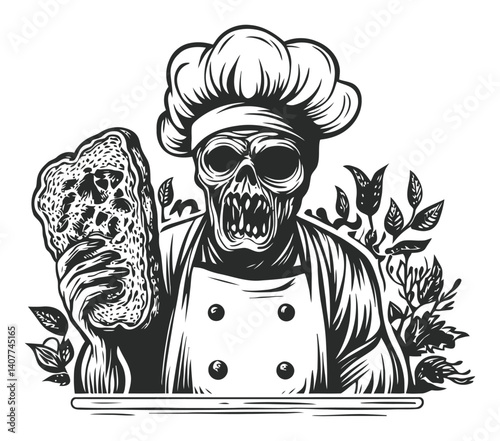 Creepy Chef with Bread in Woodcut Style Black and White Artwork
