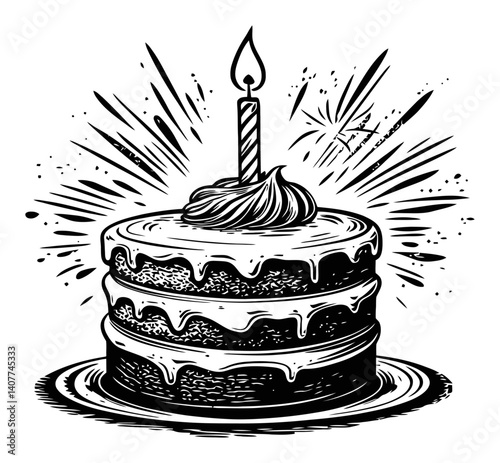 Detailed Woodcut Illustration of a Layered Birthday Cake with Candle