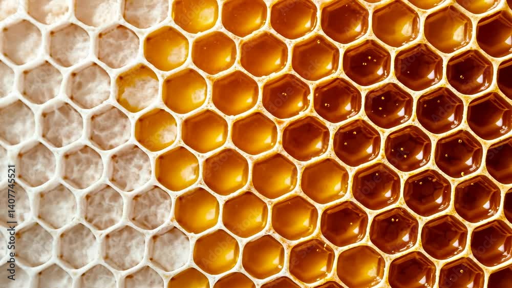background honey dripping from honeycomb of white Golden Top view Close a honeycomb with syrup. on up video 4k