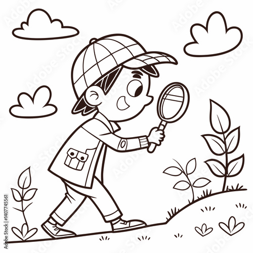 kids coloring page, a little detective with a magnifying glass, cartoonish, friendly, thick outlines