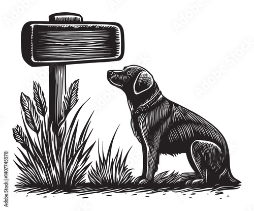 Black Dog Sitting Beside Blank Wooden Sign in Woodcut Style