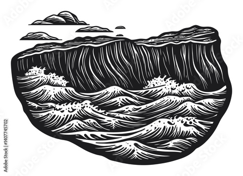 Black and White Woodcut Illustration of Ocean Waves and Clouds