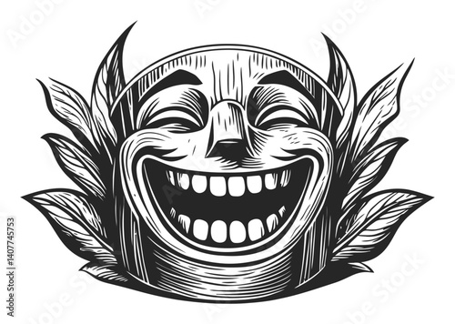 Vintage Woodcut Illustration of a Happy Smiling Face with Leaves