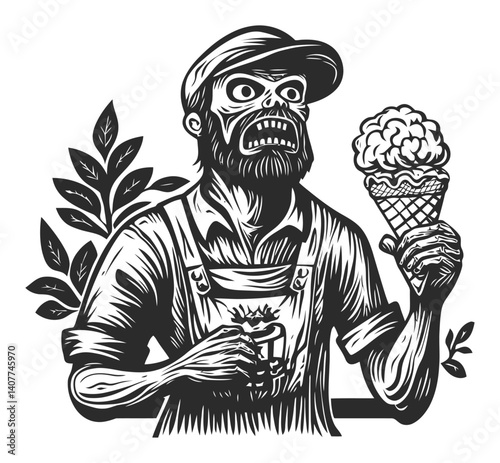 Vintage Style Woodcut Illustration of a Bearded Ice Cream Vendor
