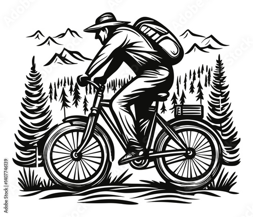 Vintage Woodcut Style Bicycle Rider in Mountain Landscape Scene