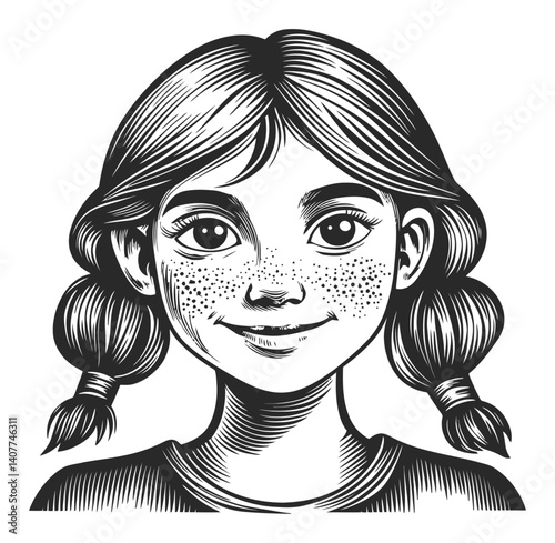 Detailed Black and White Woodcut of a Girl with Freckles and Braids