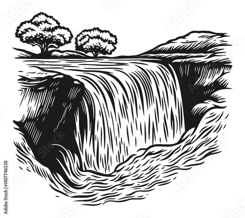 Scenic Woodcut Landscape with Waterfall and Trees in Black and White