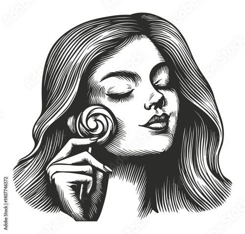 Elegant Woodcut Illustration of Woman with Lollipop in Hand
