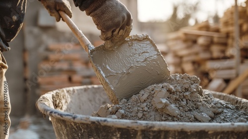 Wallpaper Mural Mason mixing mortar in a wheelbarrow for a brick project. Featuring strength and precision Torontodigital.ca