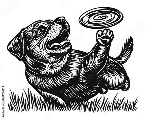 Playful Dog in Woodcut Style with Frisbee in Motion