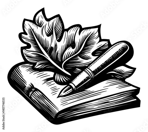 Woodcut Illustration of Book, Leaf, and Pen for Artistic Design