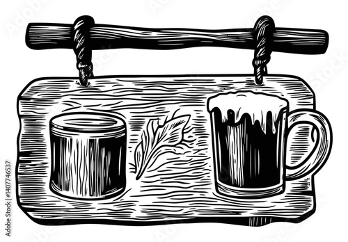 Vintage Woodcut Sign with Beer Mug and Barrel Illustration