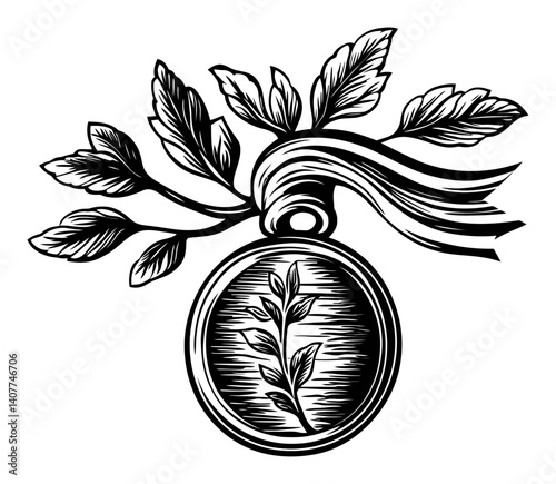 Elegant Woodcut Illustrating Medal with Leaves and Ribbon Design