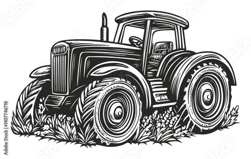 Vintage Woodcut Style Tractor Illustration with Grass and Plants