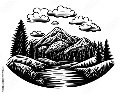 Scenic Woodcut Landscape with Mountains, Trees, and River Design