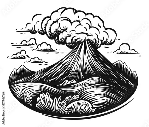 Black and White Woodcut Style Mountain Volcano Landscape Illustration