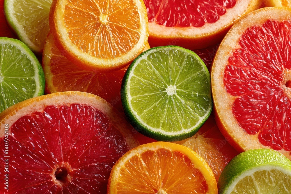 Fototapeta premium A vibrant and colorful close-up of assorted citrus fruit slices, including oranges, grapefruits, and limes, creating a visually appealing and refreshing display.