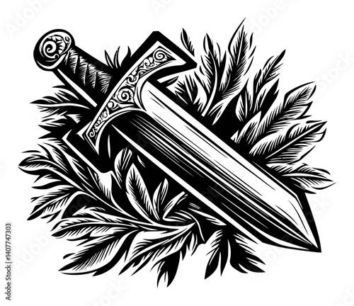 Intricate Woodcut Design of Sword Surrounded by Feathery Leaves