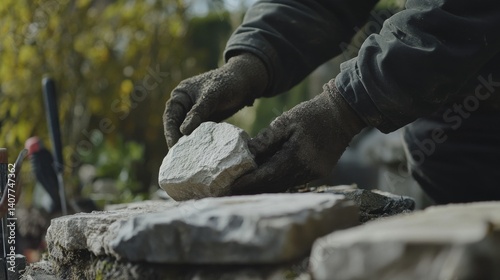 Wallpaper Mural Mason placing a stone in a garden wall. Featuring expertise and landscaping Torontodigital.ca