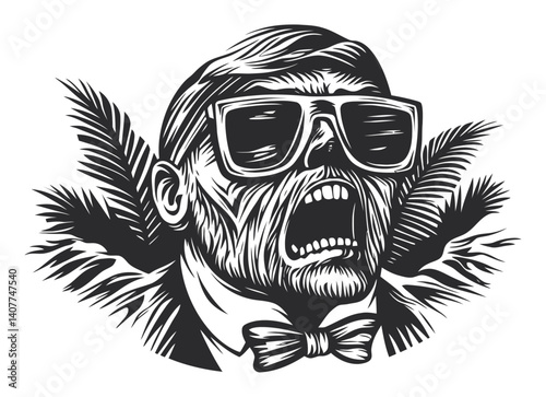 Vintage Woodcut Style Illustration of a Zombie in Sunglasses