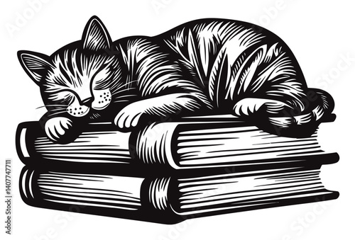 Cat Sleeping on Books in Artistic Woodcut Style Design