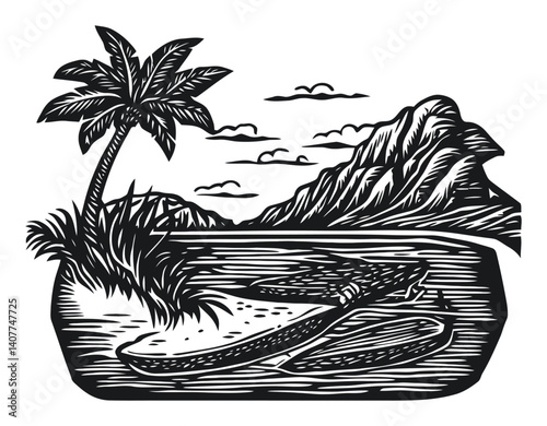 Tropical Beach Scene with Palm Tree and Canoe Woodcut Illustration