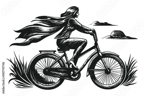 Woman Riding Bicycle with Flowing Hair in Woodcut Style Artwork