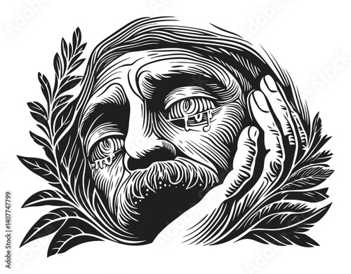 Intricate Woodcut Artwork of a Thoughtful Elderly Man with Leaves