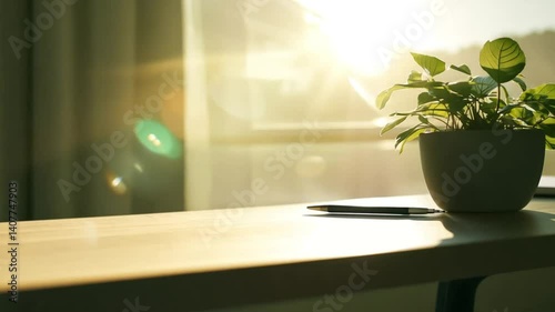 Sunlit Workspace with Potted Plant and Pen