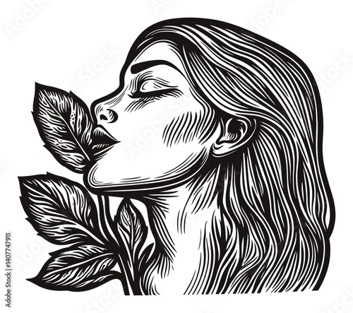 Artistic Woodcut of Woman's Face Interacting with Nature Elements