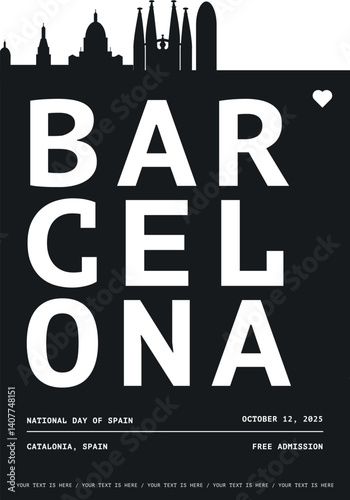 Barcelona typography minimalist vector poster for event, national festival, holiday celebration layout. Brochure, leaflet, flyer, presentation monochrome image template with text for Spain day