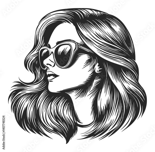 Stylish Woman in Sunglasses Woodcut Vintage Art Illustration